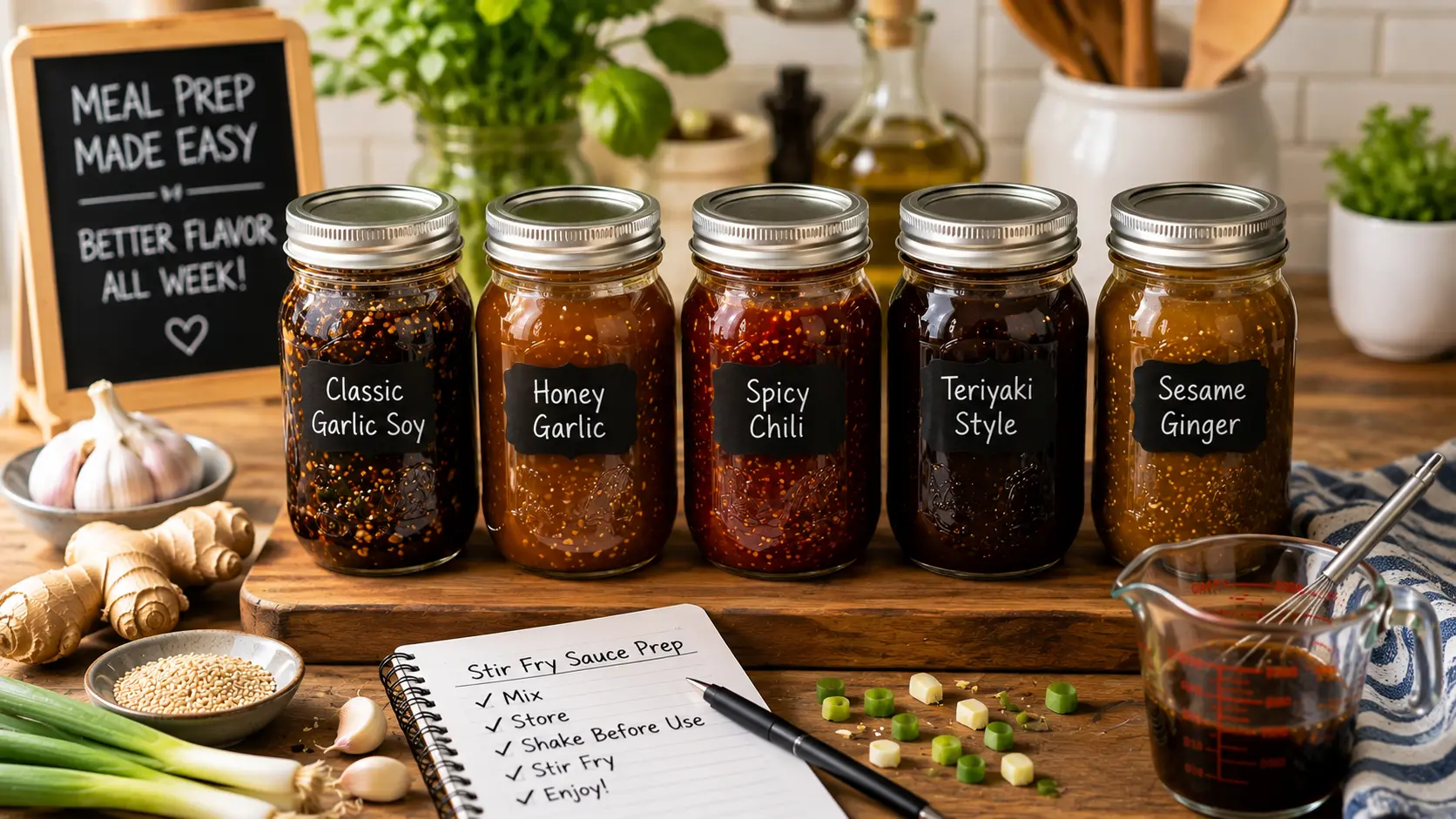 Preparing homemade stir fry sauce variations in glass jars for weekly meal prep giude